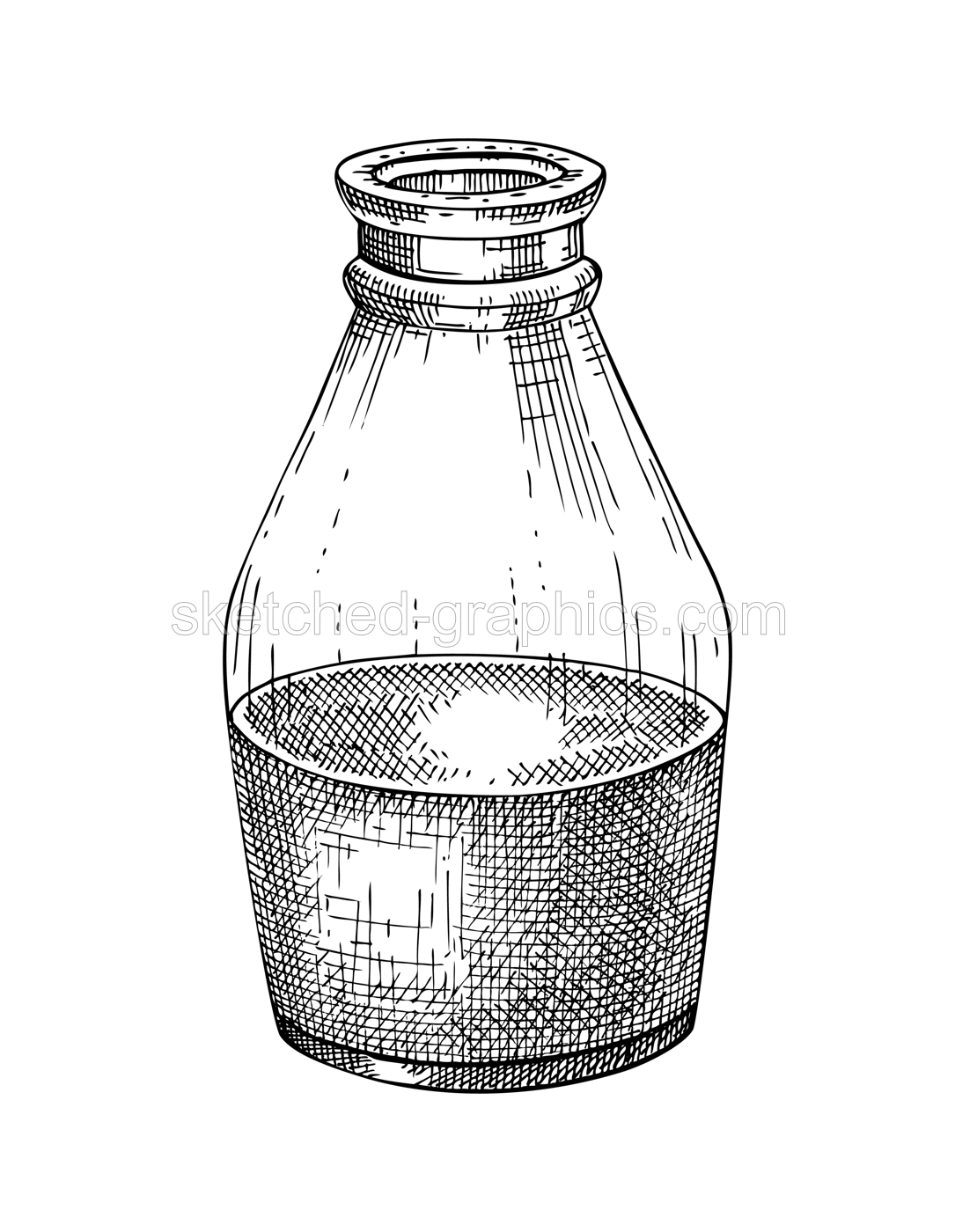 Pistachio milk in glass bottle sketch. Hand drawn organic dairy protein product for vegetarians. Vector illustrations of healthy foods and drinks isolated on white background Illustration